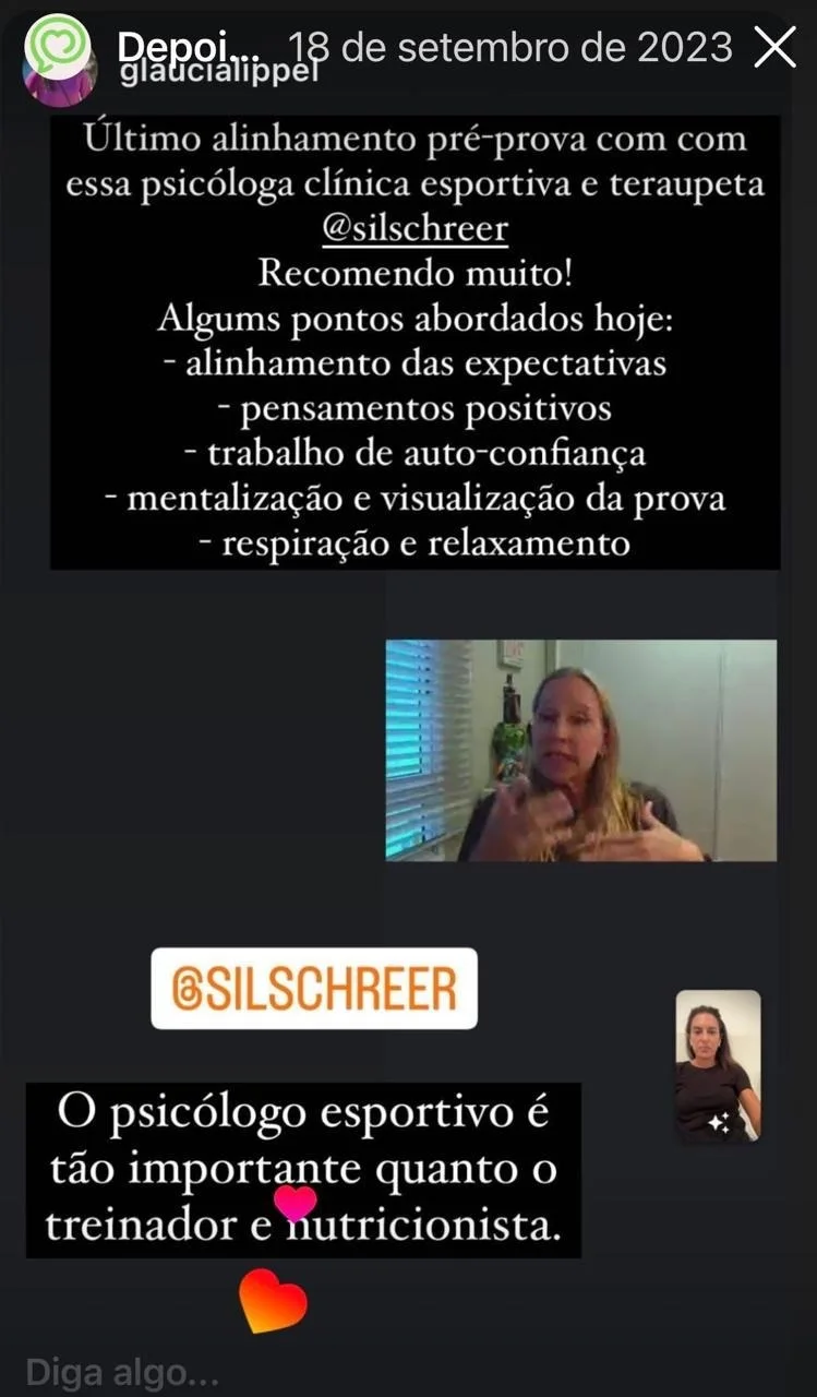 Print do depoimento — preparação pré-prova — @glaucialippel