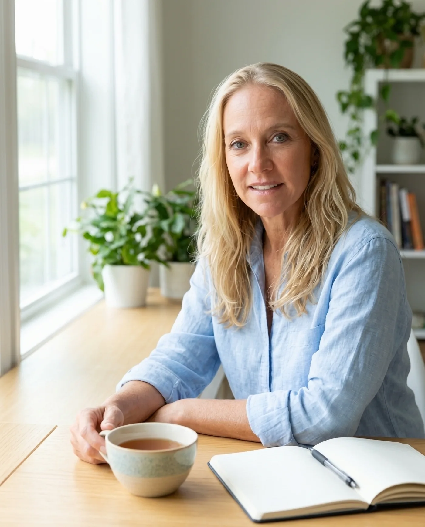 Silvia Schreer à mesa, com uma xícara de chá e um caderno aberto
